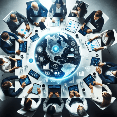 Photo of a diverse group of entrepreneurs discussing strategy around a large table with a digital globe in the center. Tech devices like tablets